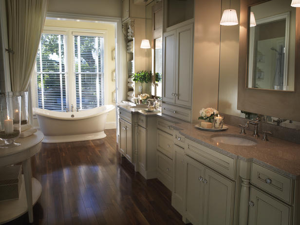 William Charles created a true bathroom oasis with this stunning design featuring beautifully ornate bathroom cabinetry.